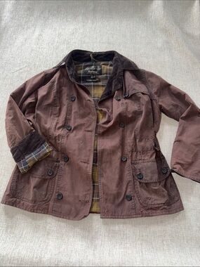 Barbour Waxed Utility Jacket Women’s 8 Tartan Plaid Lining double breasted STAIN